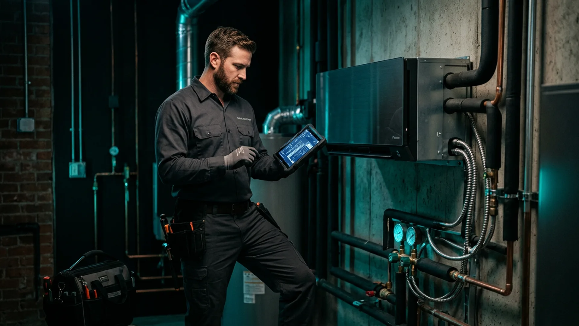 HVAC technician in the field while Nexa AI handles admin